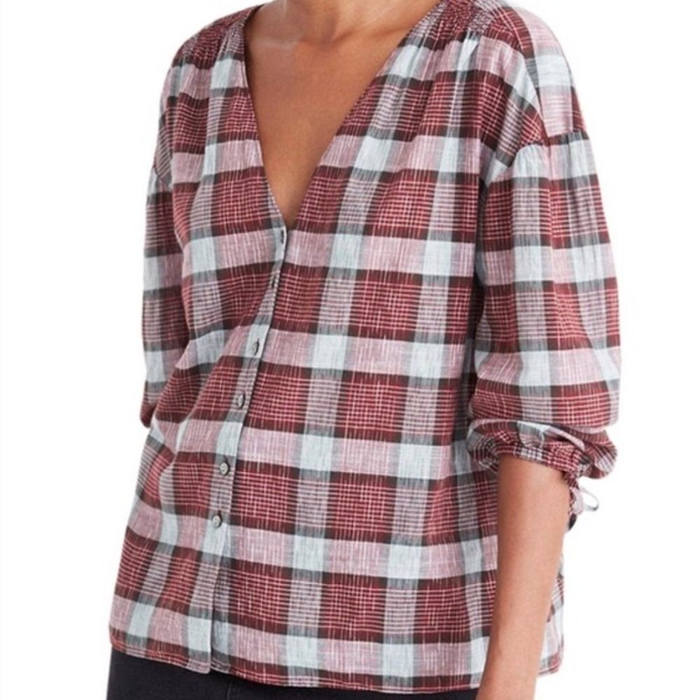 Madewell Plaid Button Front Peasant Blouse Red Gray Check XS 100% Cotton